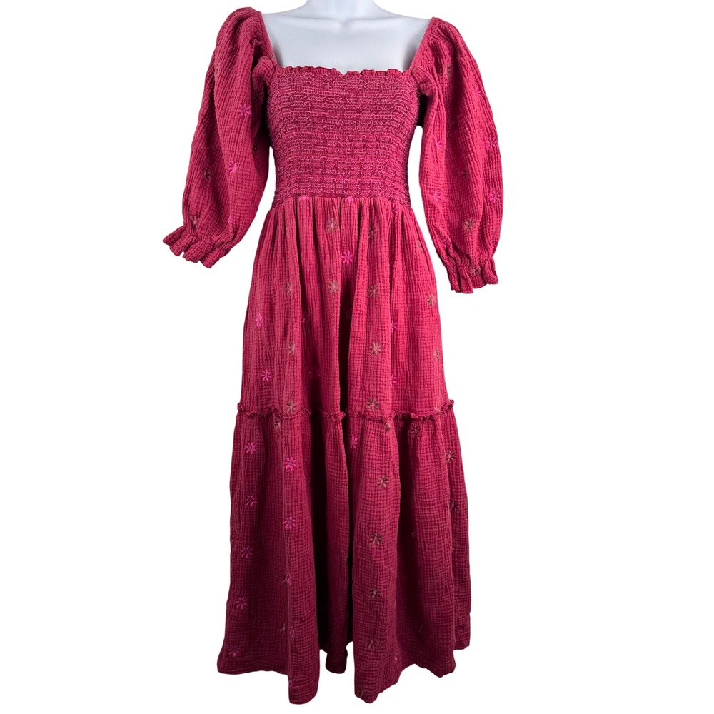 Unbranded Floral Embroidered Smocked gauzy dress puff sleeve cottage core sz S